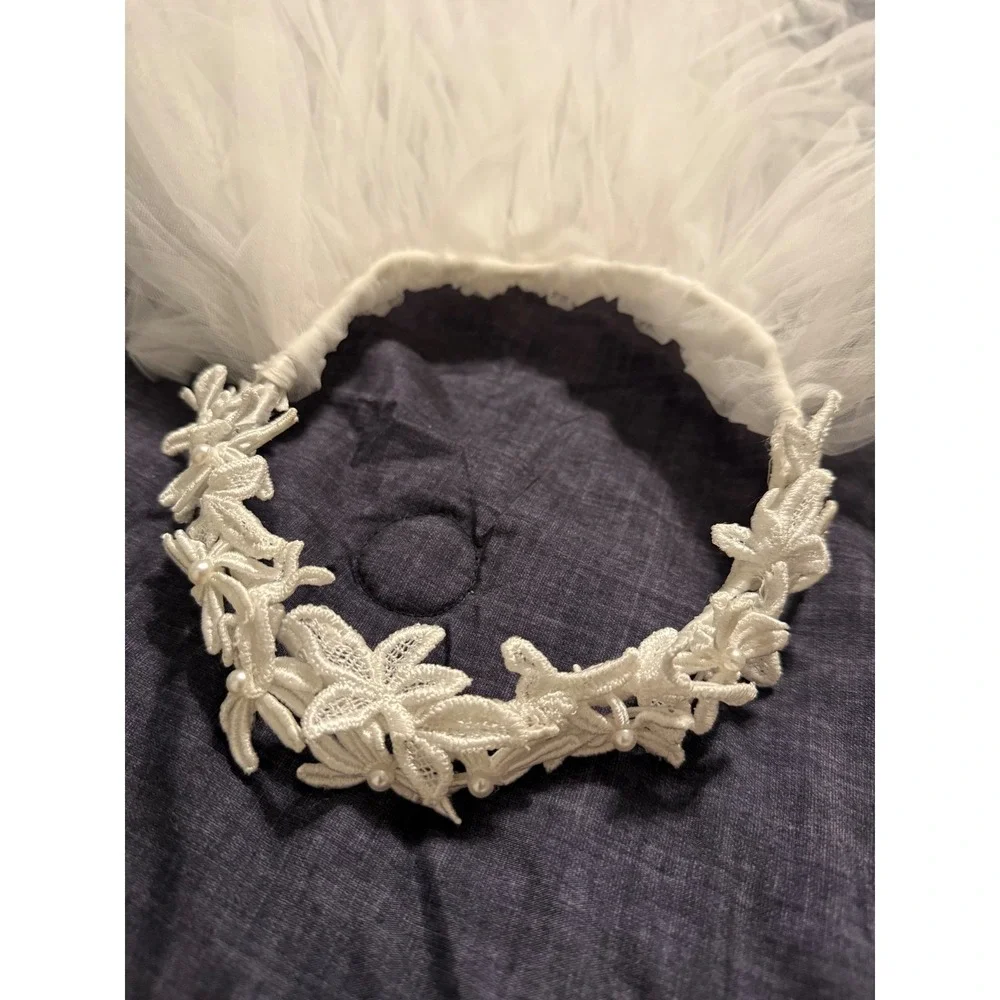White Wedding short Veil Bridal Crown Flower Lace Tulle Romantic Bride 28